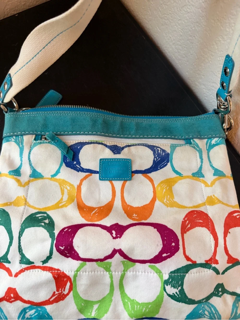 Authentic Y2K Coach Scribble Canvas Demi Shoulder Bag Turquoise Creed M04J-5672